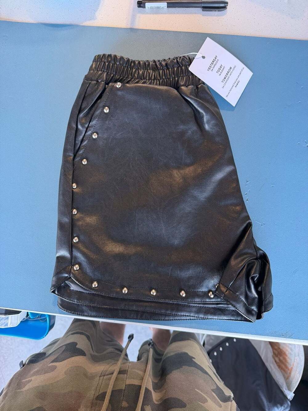 RAMISU Studded High Waisted Faux Leather Shorts, Black, Size S